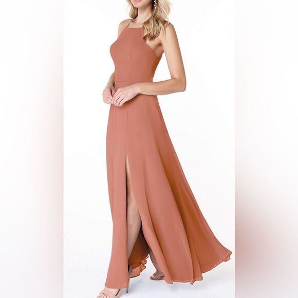 Azazie Dress Sz 8A Bridesmaid Formal Cocktail Halter Slit Front Backless Peach - Picture 1 of 14